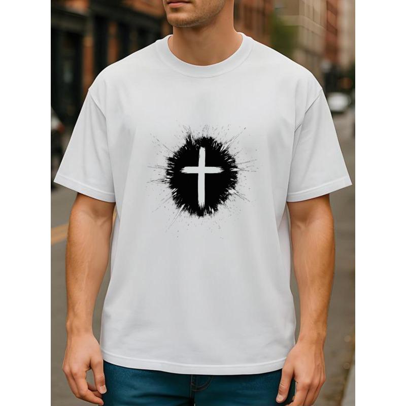 European Sizes Simple Cross Design | Christian Faith Men'S Short-Sleeved Top | Casual, Loose Fit, Crew Neck, Medium Stretch Fabric, Printed Pattern