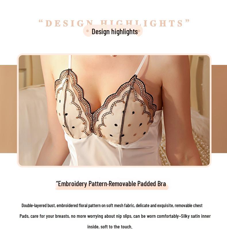 Satin Lace Polka Dot Mesh Nightgown with Chest Pads - Sexy, Skin-Friendly, Multi-Color Camisole Loungewear for Women