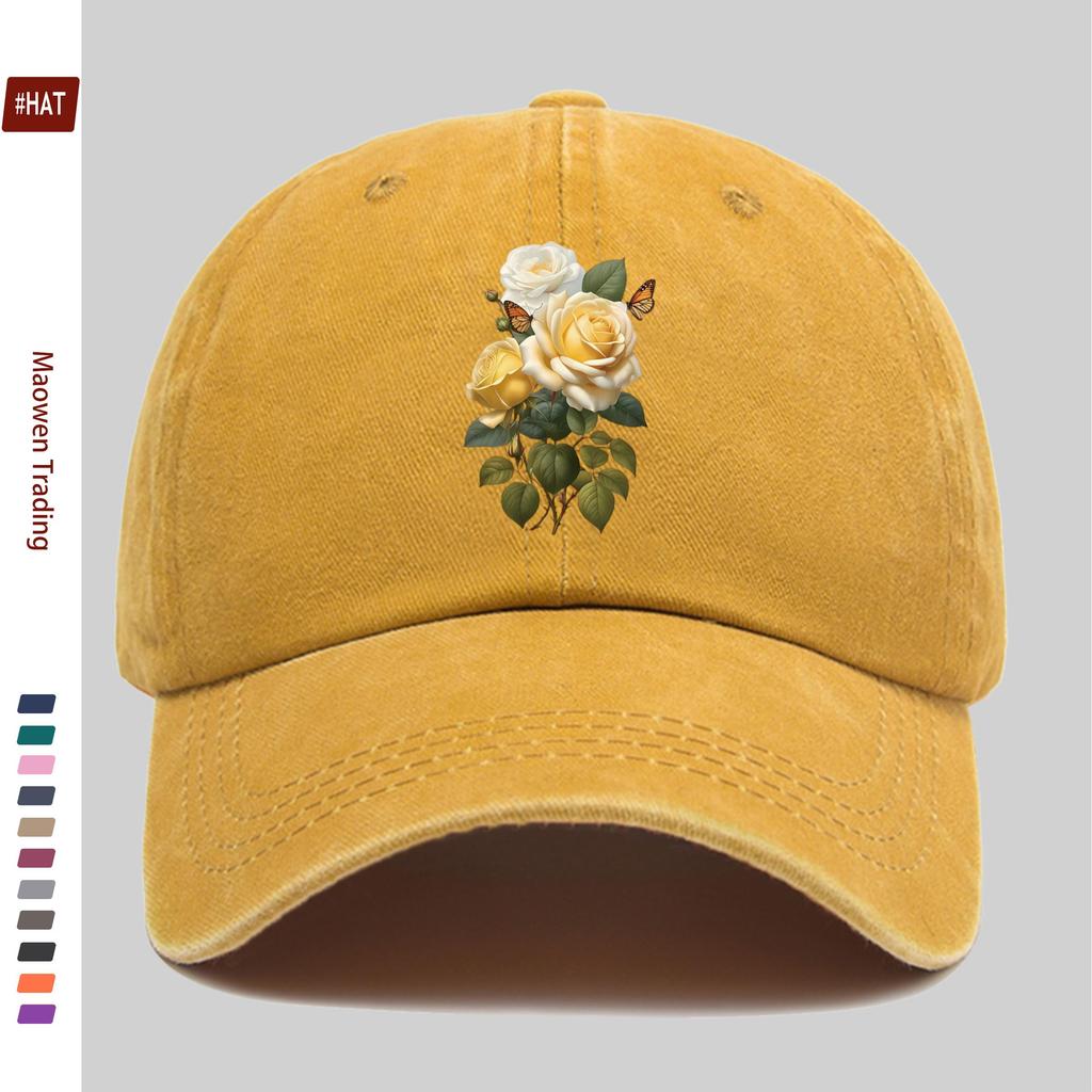 pc Yellow Rose And Butterfly Print Baseball Cap Travel Leisure Decorative Design Sun Hat Comfortable And Lightweight Buckle Adj