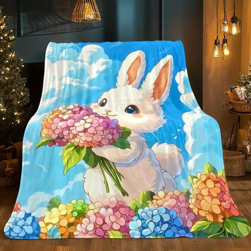 Flower Print Bunny Flannel Blanket - Lightweight, Soft and Warm for Sofa, Travel, Bed and Office, Christmas and Halloween