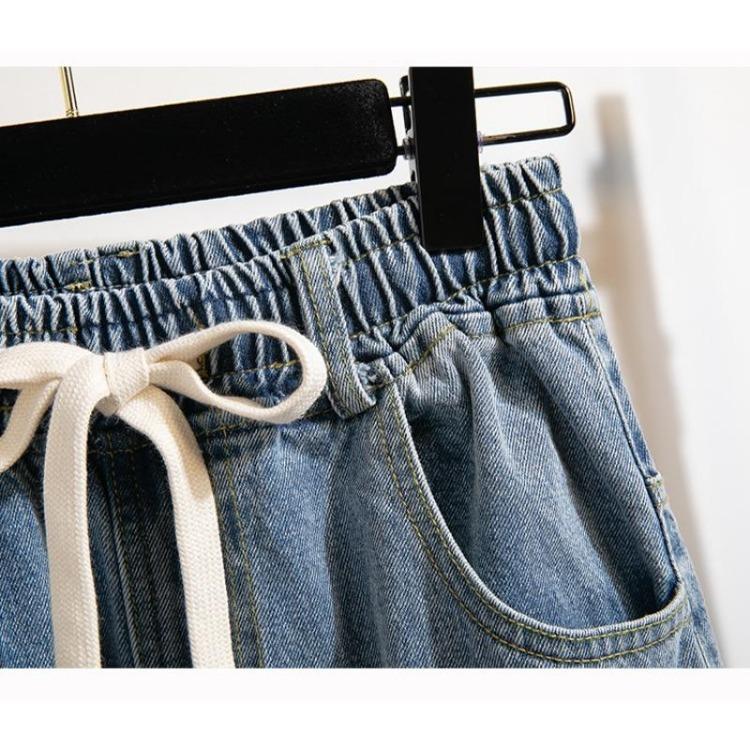 Women Autumn Loose Casual Denim Blue Wide Leg Pants Elastic Basic Trousers Plus Size Long Jeans