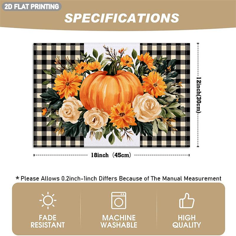 4/6pcs Set of Placemats Featuring Black and White Check, Orange Pumpkin, Yellow Flower, and White Rose Patterns. Suitable for Autumn Holiday Decor, Ki