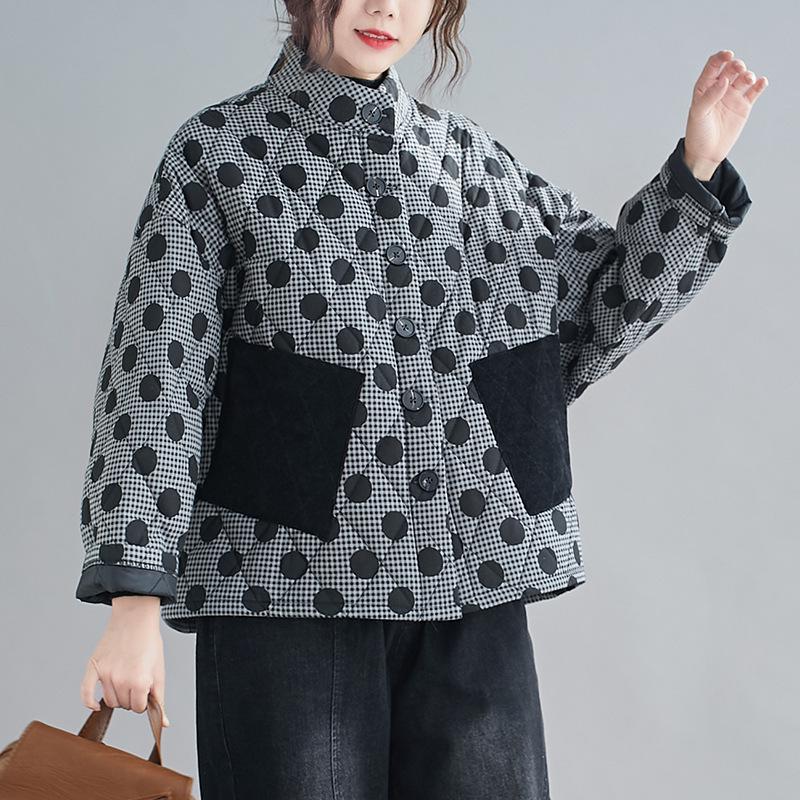 2024 Plus Size Women's Retro Argyle Short Quilted Cotton Jacket with Polka Dots