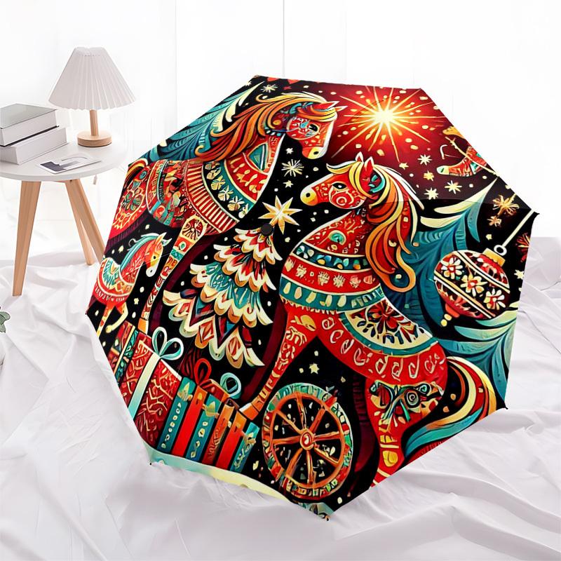 1pc Christmas Horse Decorative Automatic Opening Folding Umbrella with 8-Rib Iron Frame, Suitable for Fans, Travel, Daily Use, Gift for Outdoor Enthus
