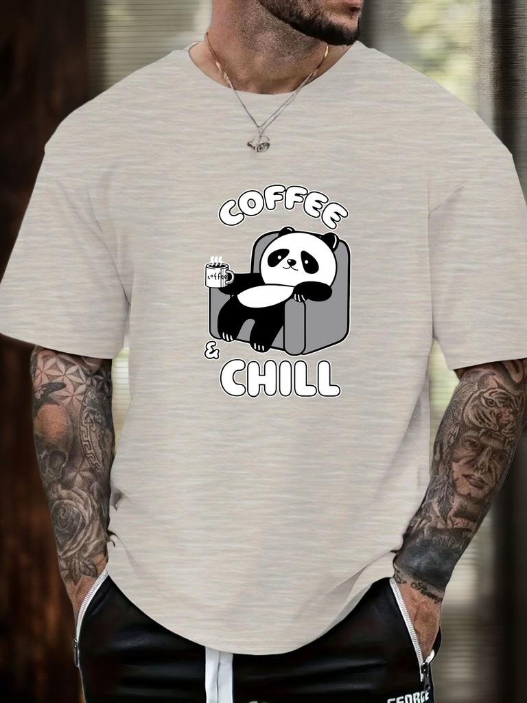 Mens Casual Tshirt Panda Coffee  Chill Print Short Sleeve Round Neck Breathable Soft Oversized Daily Wear Tee