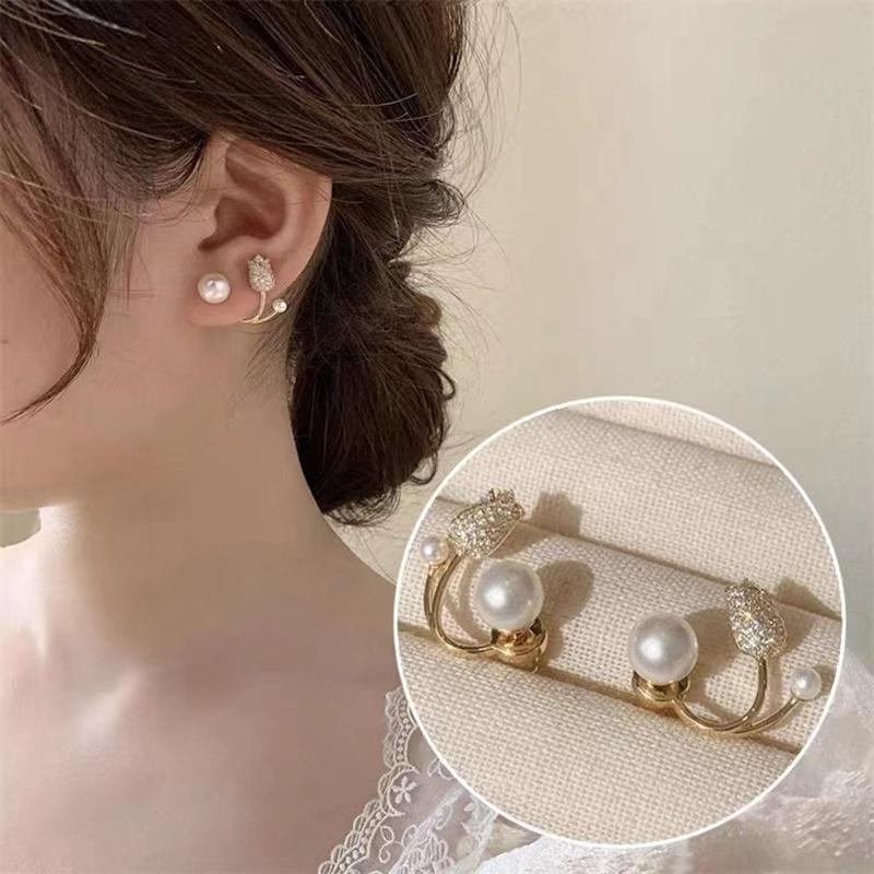 Korean Light Luxury Pink Tulip Imitation Pearl Stud Earrings For Women Two Ways To Wear Ear Studs for Girls Daily Party Jewelry