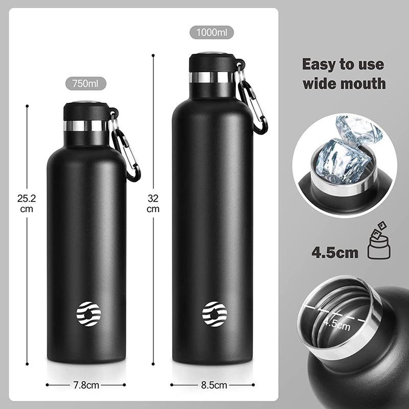 Fjbottle 1000ml Botella Deportiva de Acero Inoxidable con Aislamiento al Vacío y Mosquetón, Antiderrames, Libre de BPA, Botellas Termo