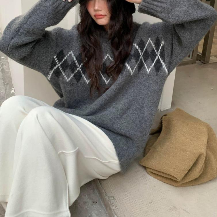 Women's Fair Isle Argyle Crew Neck Pullover Sweater - Autumn/Winter Casual Slim Fit Knit Top