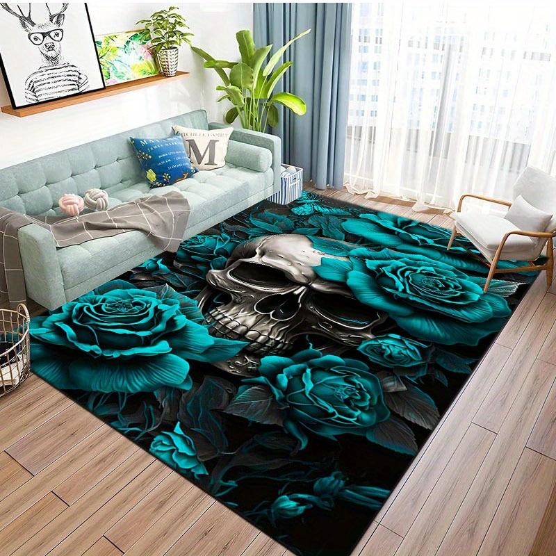 Dark Gothic Skull Rug,Metallic Skull with Teal Roses Non-Slip Floor Mat for Bedroom & Living Room, Edgy Exotic Home Decor Carpet