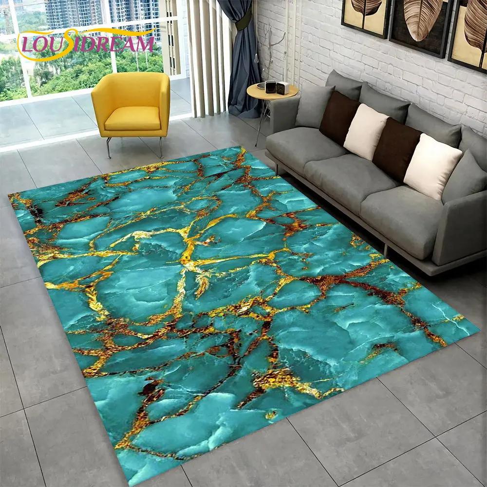 Nordic Blue Golden Colour Marble Geometric Area Rug,Carpet Rug for Living Room Bedroom Sofa Doormat Decor,Kid Non-slip Floor Mat