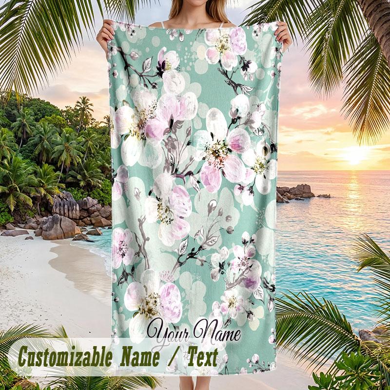 Floral Deer Artwork Theme Quick Dry Beach Towel Custom Name Text Print Large Sand Resistant Towel Beach Vacation