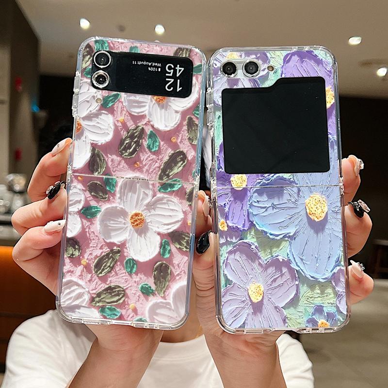 For Samsung Galaxy Z Flip 6 5 4 3 Case Luxury Oil Painting Flower Butterfly Hard Clear Folding Cover For Samsung Z Flip6 Flip5