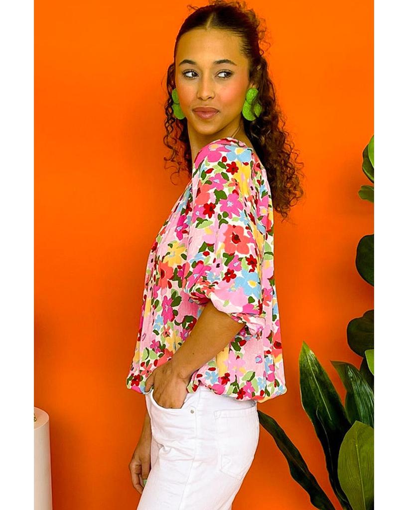 Azura Exchange Red Floral Print Puff Sleeve Pleated Elastic Neckline Blouse