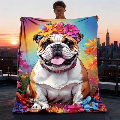 1pc Bulldog Floral Crown Outdoor Soft Polyester Flannel Throw Blanket Versatile for All Seasons , Soft , Cozy , Warm All Season Quilted Throw ,