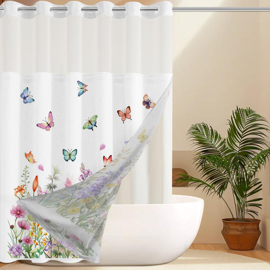No Hook Floral and Butterfly Shower Curtain With Snap-in Fabric Liner, Sheer Top Window, Waterproof Double Layer Bathtub Curtain