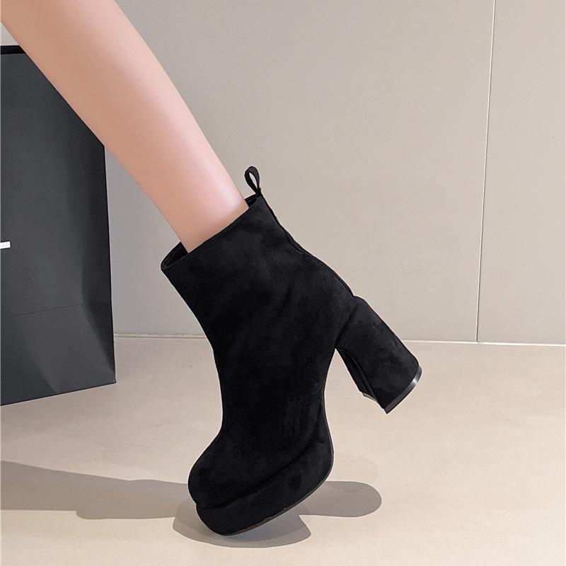 Retro temperament suede high-heeled short boots autumn and winter Korean version French fashion versatile thick heel thin boots women's Martin boots