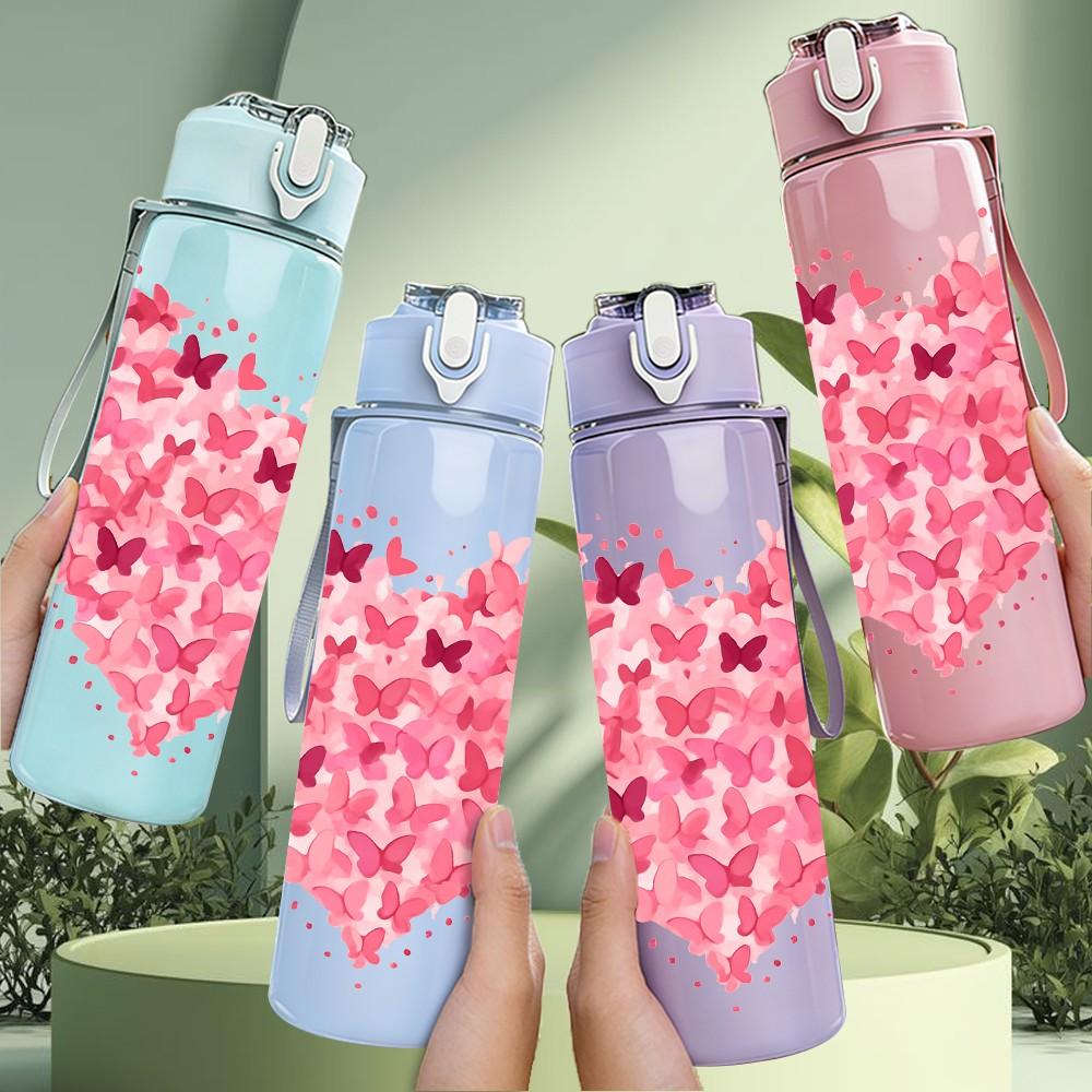 1PC Pink Broken Heart Glitter Art Print 750ml Color Plastic Sports Water Bottle Leakproof Flip Straw Lid Suitable for Sports Office Home Use