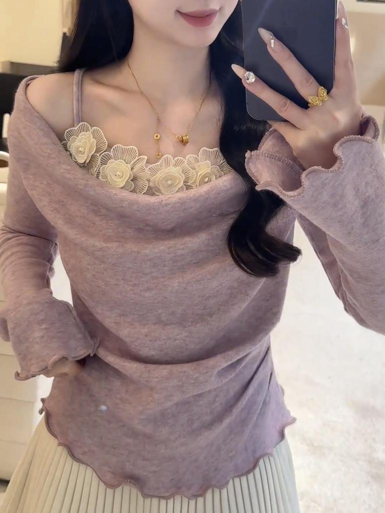 Purple Off-Shoulder Long-Sleeve Slim-Fit Knit Camisole for Women