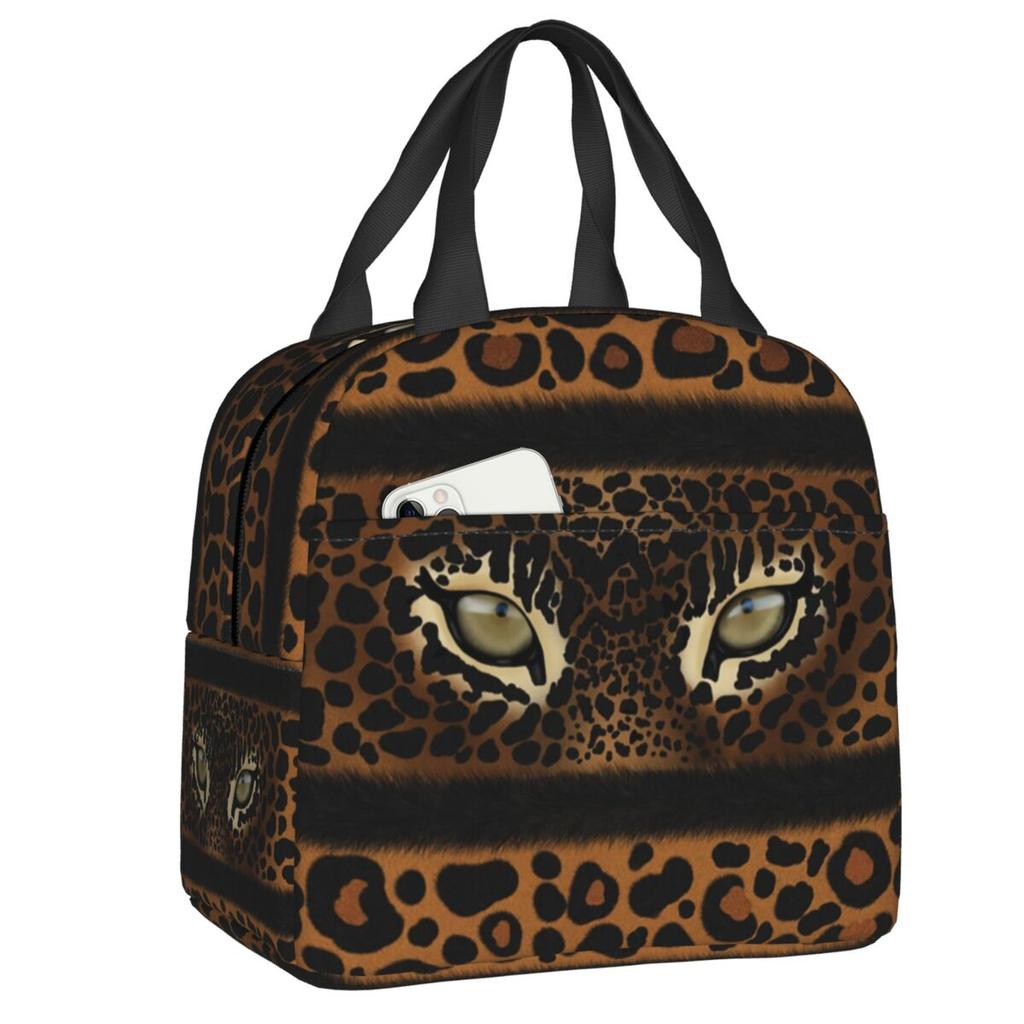 Custom Brown Animal Leopard Print Insulated Lunch Bags for Women Leopard Eyes Portable Cooler Thermal Food Lunch Box Children