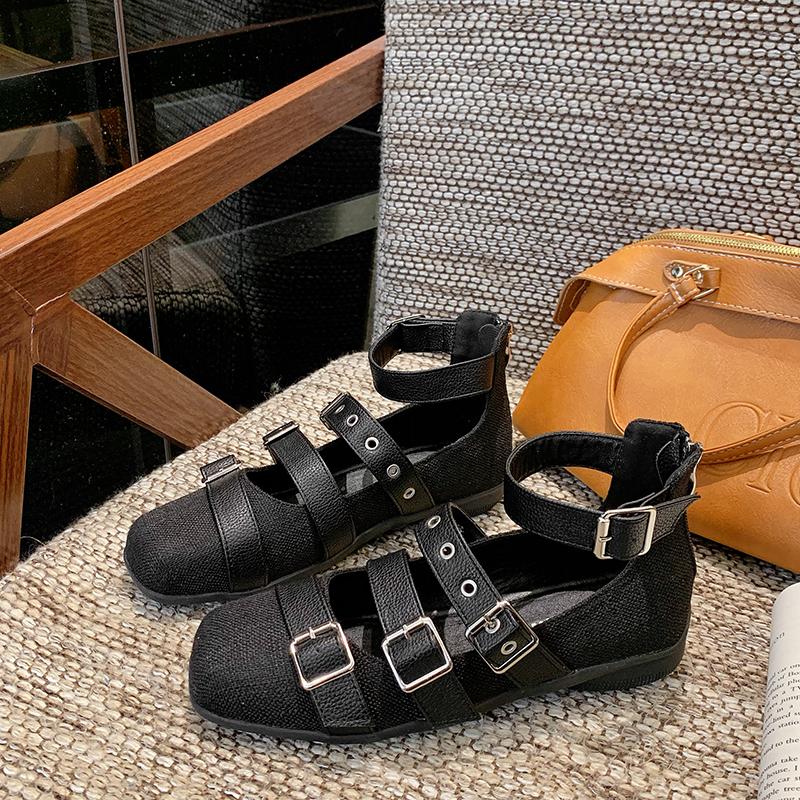 

Fashion Fashion Single Shoes Autumn New Square Toe Shallow Rivet Belt Buckle Non-slip Wear-resistant One-band Low-top Shoes 35