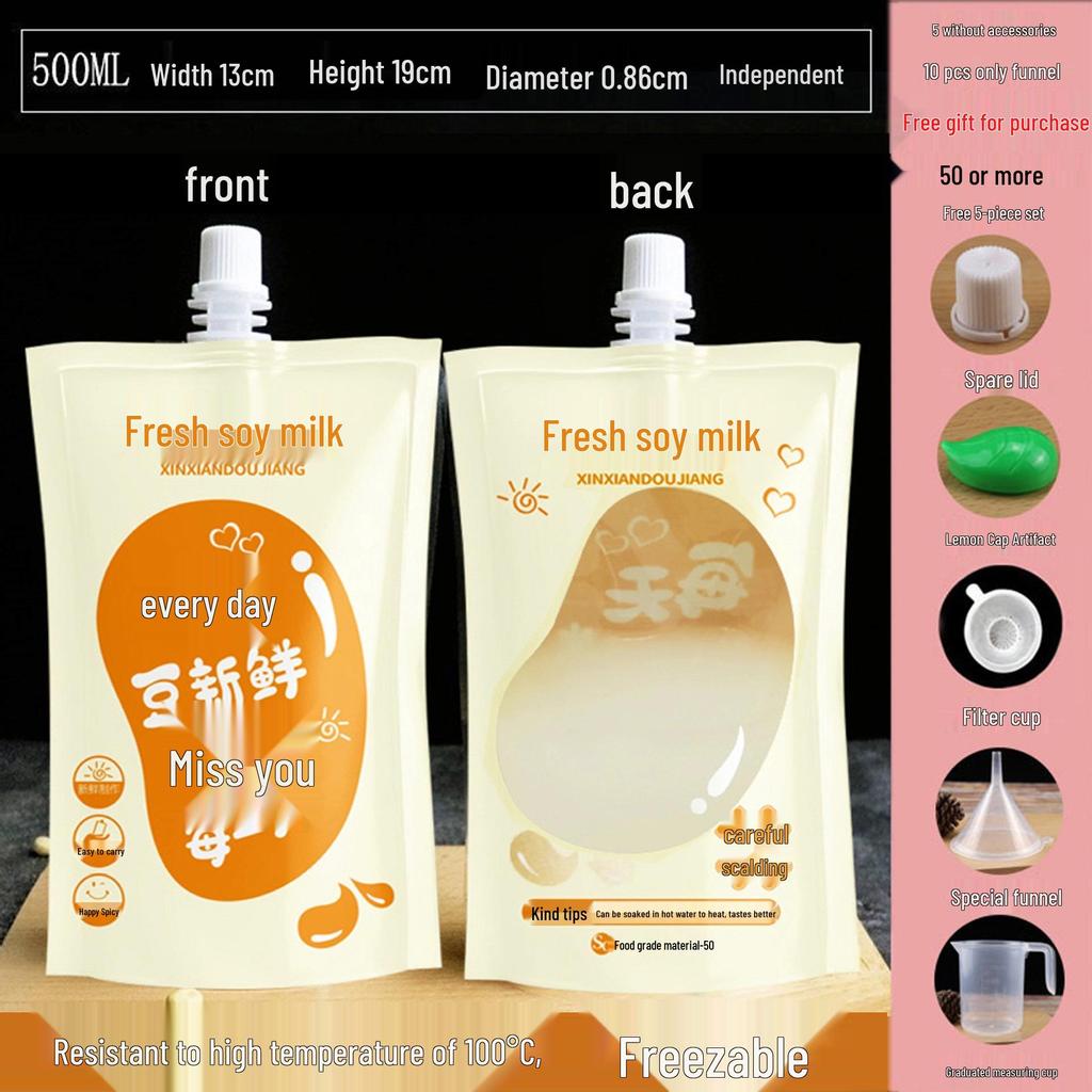 Soy Milk Stand-Up Spout Bag - Reusable, Transparent, Liquid-Safe, Large Diameter Packaging for Soups & Beverages