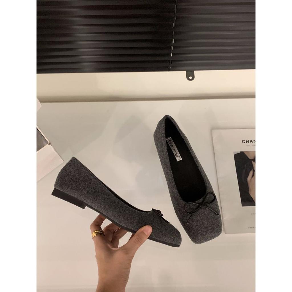 Flat-bottomed French Square Head Versatile Single Shoes Women's Shoes 2025 New Spring and Autumn Bow Retro Suede Commuter Shoes