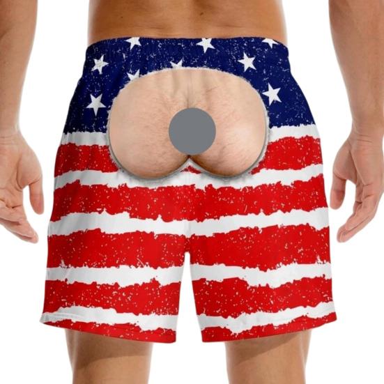 Novelty 3D Graphic Swimwear Hairy Big Booty Shorts, Men Funny Butt Print Beach Relaxed Fit Lounge Shorts Cheeky Briefs Pattern Swim Trunks for Summer