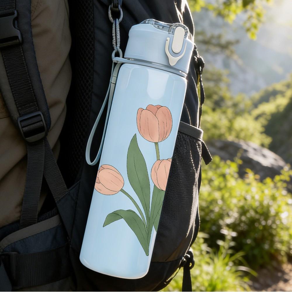 1PC Light Pink Tulip Flower Bouquet 750ml Color Plastic Sports Water Bottle Leakproof Flip Straw Lid For Sports Office Home Use