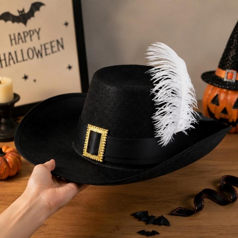 Feathered Musketeer Character Hat with Cloth Construction, Hatband and High Profile for Halloween Costume Parties