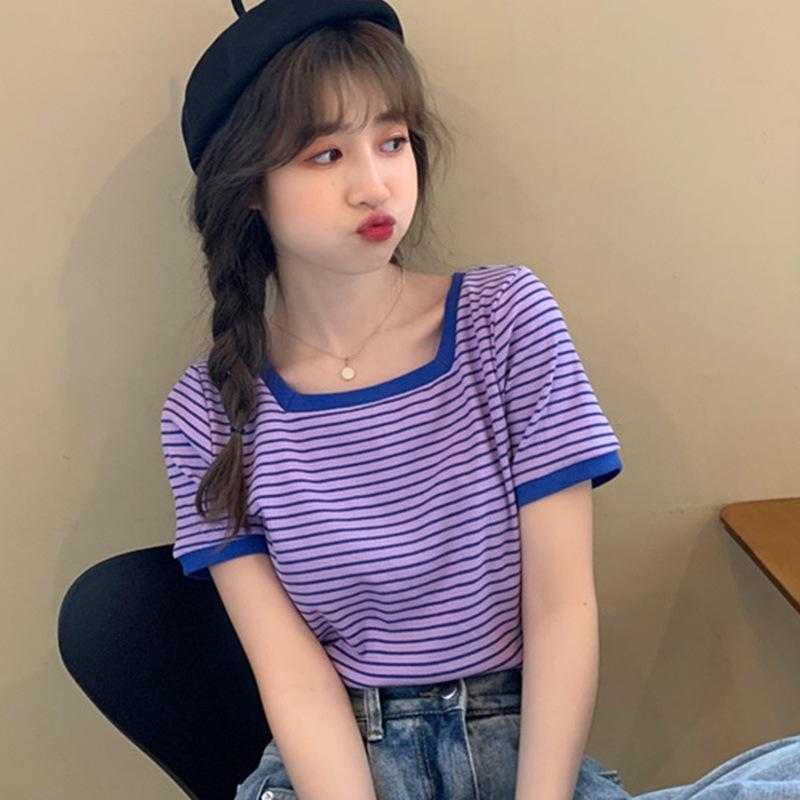 Summer New Striped T-shirt Women's Ice Silk Sweater All-match Bottoming Shirt Square Neck Short-sleeved Inner Short Bm Top