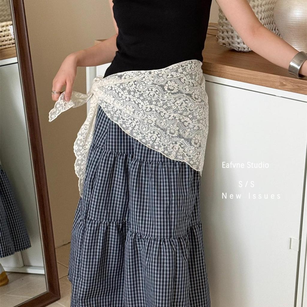 Dámská korejská béžová krajková pletená šála - Lehká prolamovaná trojúhelníková šála na léto