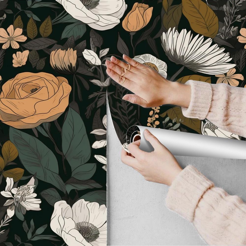1roll Self-Adhesive Floral Wallpaper Vintage Peel and Stick Contact Paper Removable Roses Waterproof Wall and Tile Decor for Cabinet Bedroom