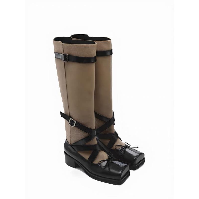 

Cowhide version ballet style thick-soled boots women s leather bow square head thick-soled thick-heeled high boots knight boots 40