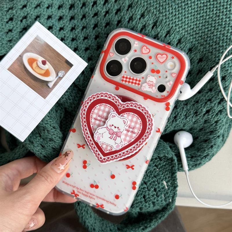 Cherry Heart Bear Magnetic Stand Case for iPhone 17, Apple 16 Pro Max/15/14