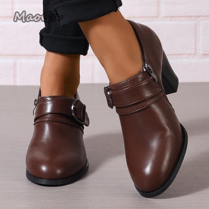 Módní Dámské Elegantní Lodičky Dámské Ležérní Robustní Vysoké Podpatky Kulatá Špička Společenské Boty pro Ženy Boty s Přezkou Zapatos De Mujer Velikost 43