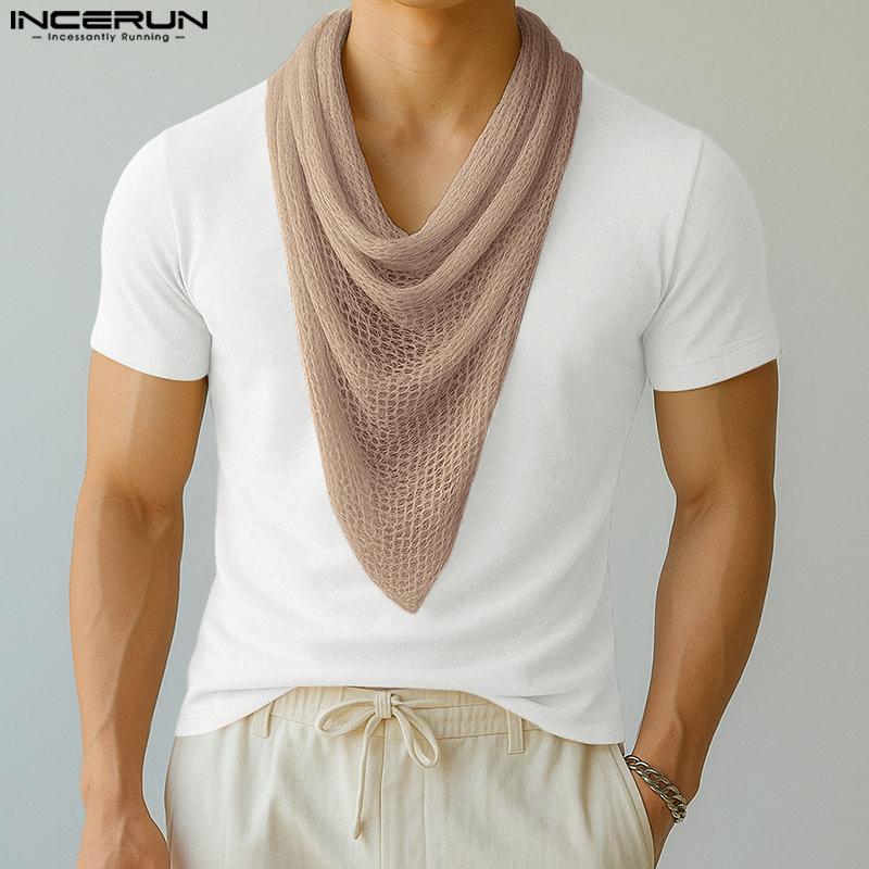 

INCERUN Men Texture Swing Collar Short Sleeve Patchwork Casual T-shirts Tops 5XL абрикосовий