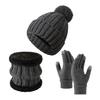 3Pcs/Set Winter Knitted Scarf Gloves Set Pom Pom Ball Fleece Lining Brimless Hat Touchscreen Gloves Neck Warmer Set