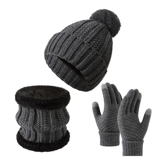 3Pcs/Set Winter Knitted Scarf Gloves Set Pom Pom Ball Fleece Lining Brimless Hat Touchscreen Gloves Neck Warmer Set