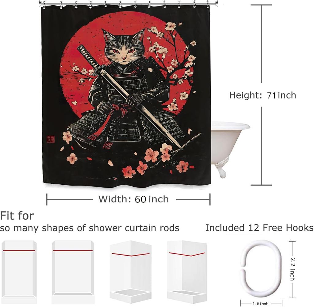 Japanese Samurai Black Cat Bathroom Shower Curtain Cherry Blossom Cool Funny Hilarious Black Polyester Fabric 12 Plastic Hooks