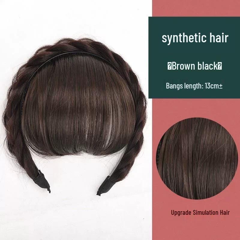 Women's Real Hair Wig with Braided Bangs, Seamless Front Hairline, Hairband To Conceal Top White Hair