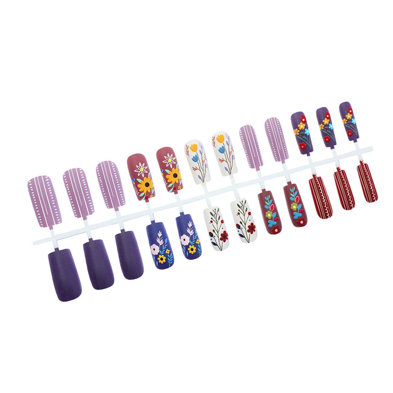 

24 шт. Накладные ногти-гроб матовые с красочными цветочными дизайнами и белой полоской для женщин и девушек