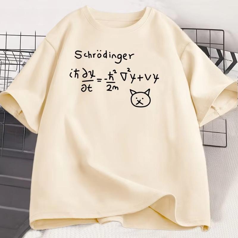 Funny Quantum Mechanics Cat Printed T-shirt Men Women Cotton Short Sleeve Tshirt Oversized Round Neck Breathable Tee Clothing