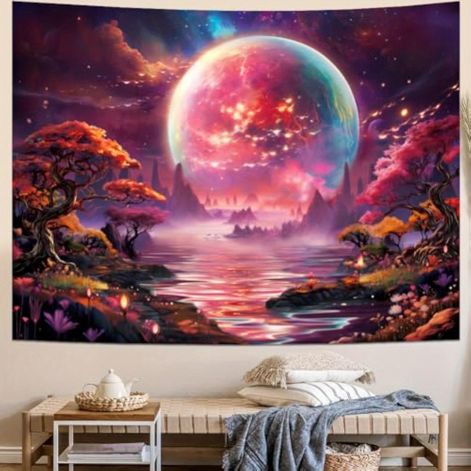 For Galaxy Space Tapestry Pink Planet Fantasy Forest Mountain Wall Tapestry Aesthetic Floral Plant Tapestry Mysterious 100x70cm