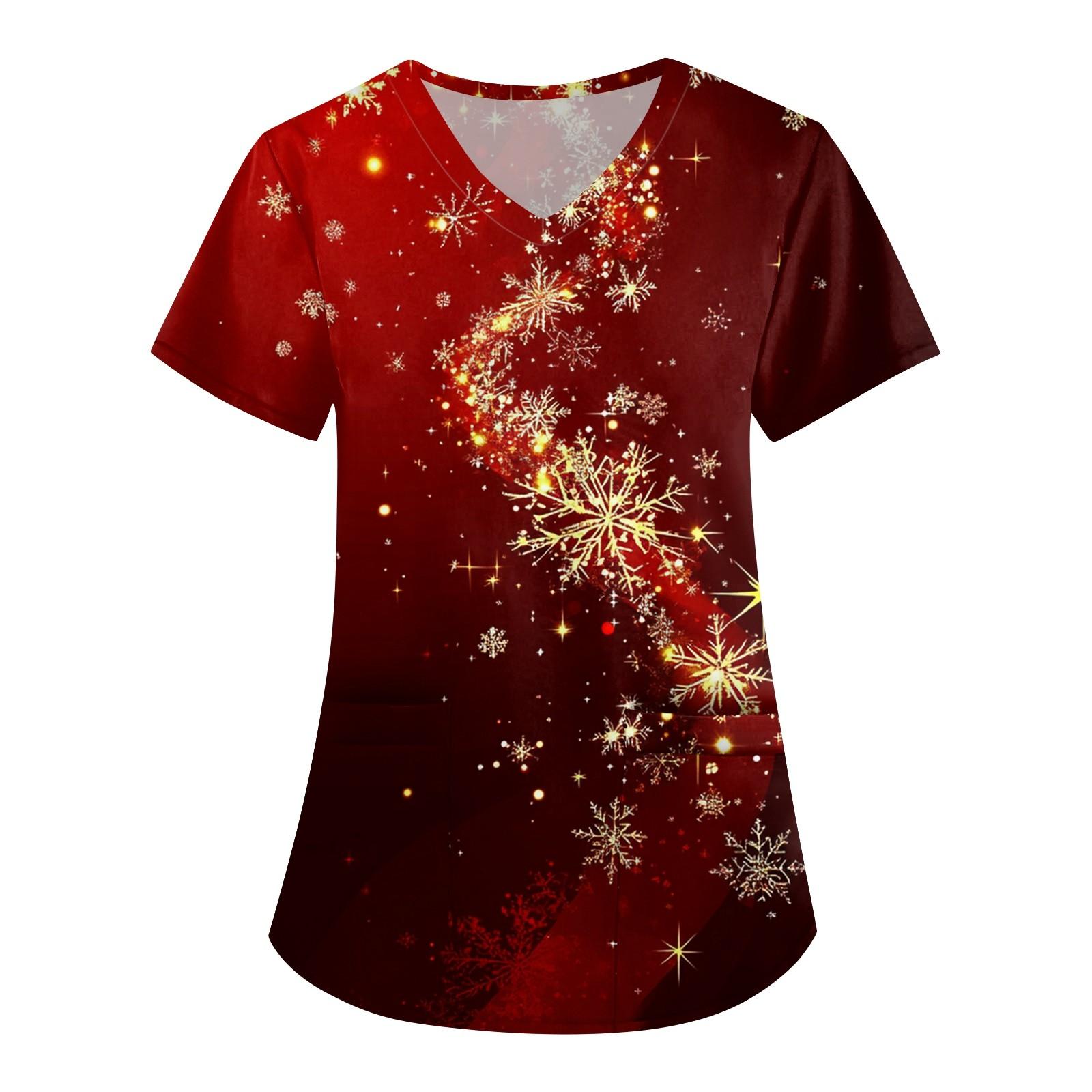 

Женская симпатичная рабочая одежда с принтом, V-образным вырезом, двухслойными карманами, базовым коротким рукавом, пуловером на Рождество XXXL красный