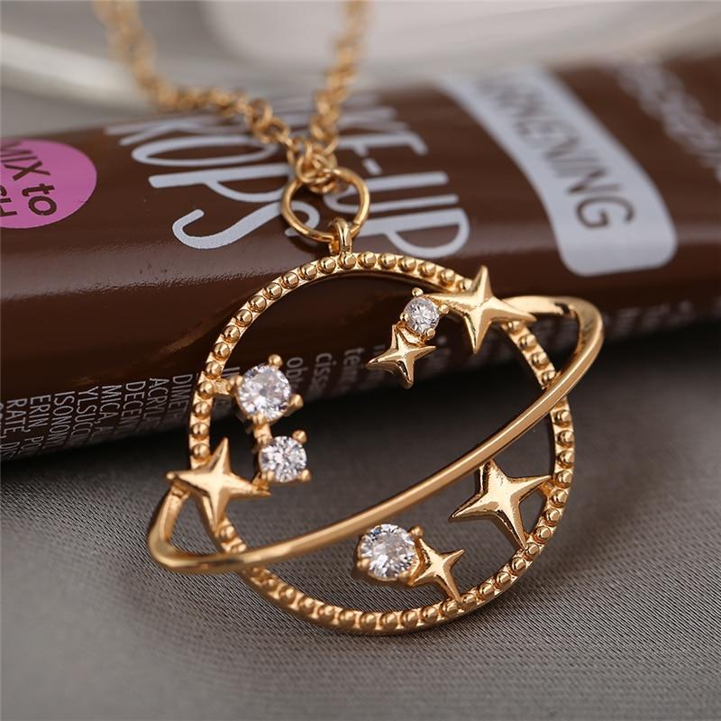 17KM Cute Gift Crystal Planet Moon Pendent Necklace for Women Fashion Gold Rhinestone Star Cross Necklaces Gift Wedding Jewelry