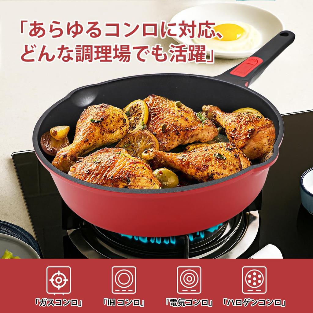 AIKENBBKK 20cm Frying Pan, Induction Compatible, Non-stick Coating & Detachable Handle, Oven & Dishwasher Safe, PFOA & PFOS Free, Red
