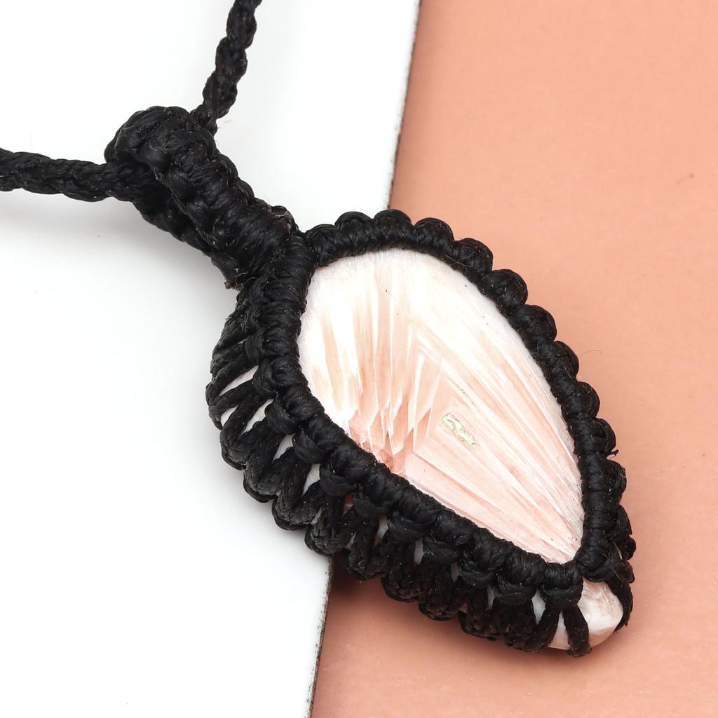 Macrame Scolecite Necklace Pendant Stone Thread Gemstone Handmade Jewelry