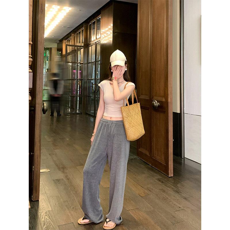 

Zeng Xiaoxian Women s Grey Loose Wide Leg Glutinous Rice Pants - 2025 Summer Casual Flowy Pants S