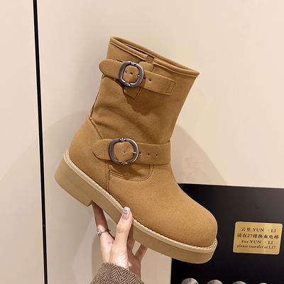 Women's Shoes  Hot Sale Mid-Calf Women's Boots Retro Modern Boots Women Belt Buckle Slip On Round Toe Low Heel Ladies Shoes