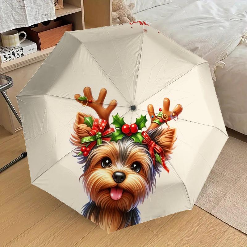 1pc Christmas Yorkshire Terrier with Antlers Umbrella with Plastic Handle,Suitable for All Seasons Home Travel Outdoor UmbrellaDD234